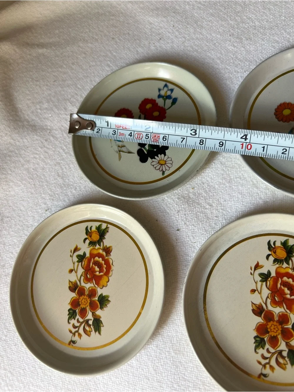 Vintage Floral tin Coasters - White with Orange & Red Floral Design